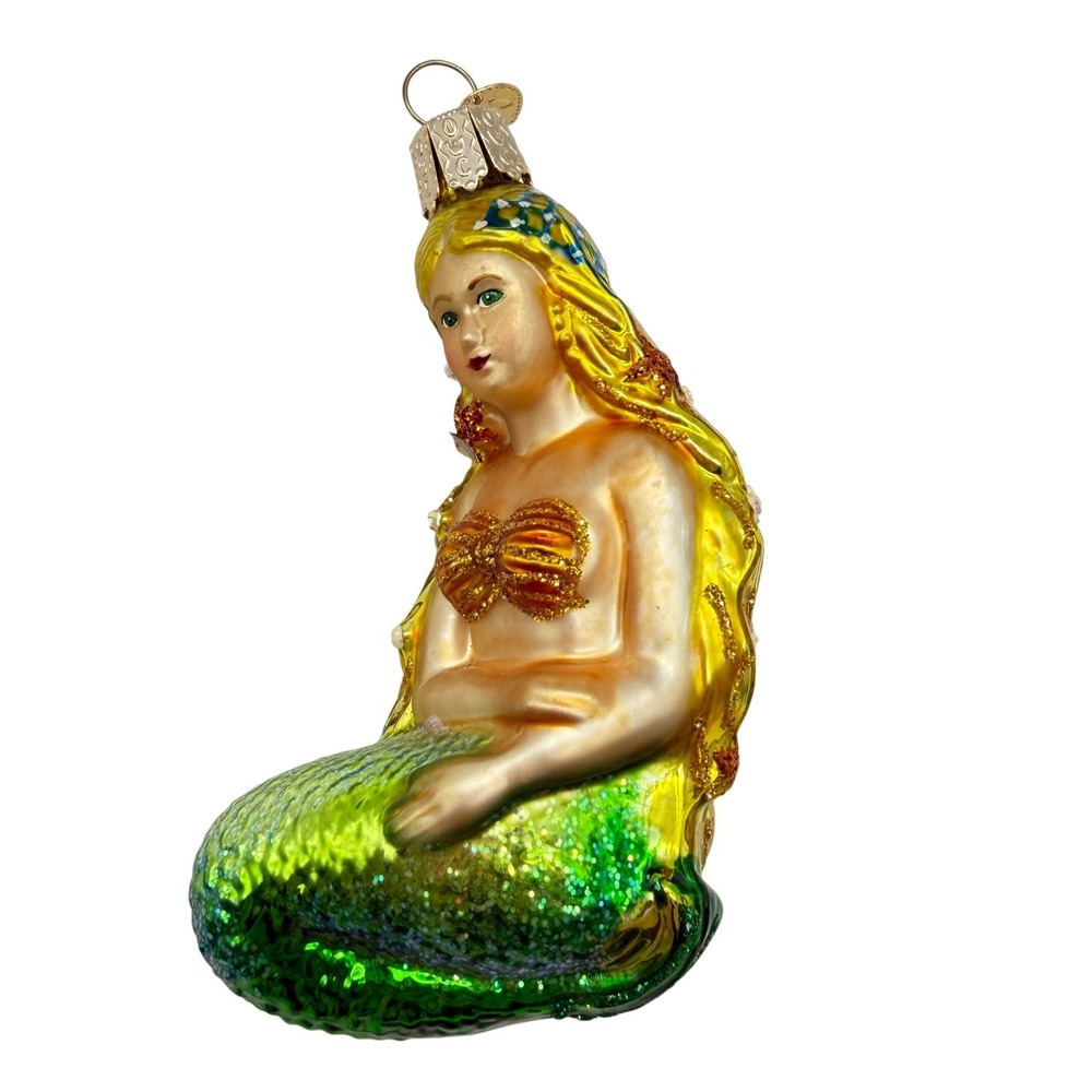 Old World Christmas Mermaid Glass Ornament Blonde Green Gold Glitter OWC